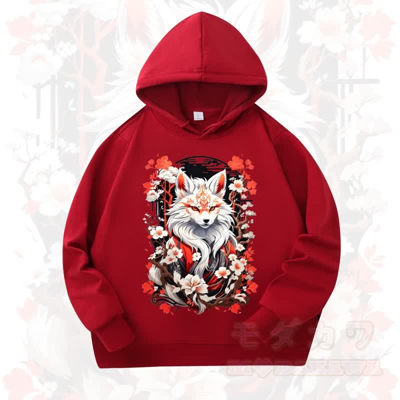 MODAKAWA Cherry Blossom Fox Print Long Sleeve Hooded Sweatshirt - Wine - 4XL - image 6