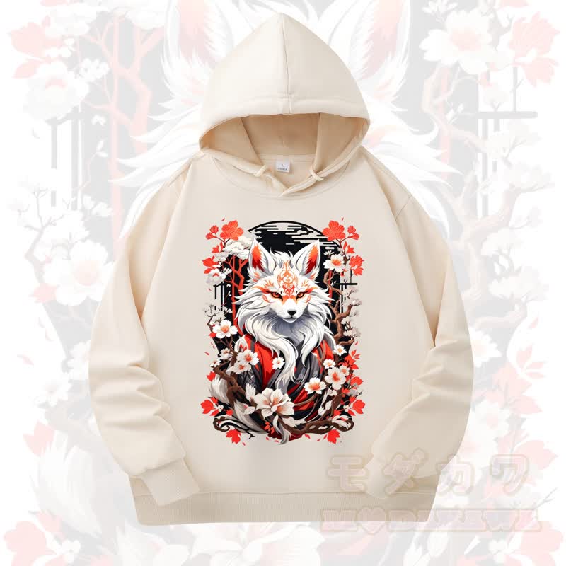 MODAKAWA Cherry Blossom Fox Print Long Sleeve Hooded Sweatshirt - Beige - 4XL - image 7