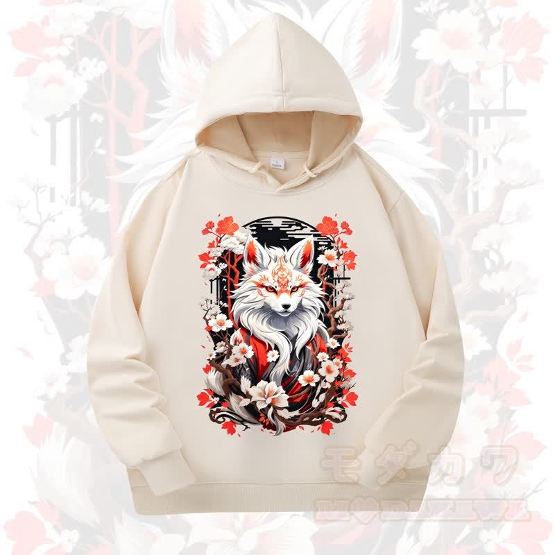 MODAKAWA Cherry Blossom Fox Print Long Sleeve Hooded Sweatshirt - Beige - 4XL - image 7