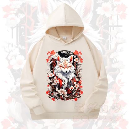 MODAKAWA Cherry Blossom Fox Print Long Sleeve Hooded Sweatshirt - Beige - 4XL - image 7