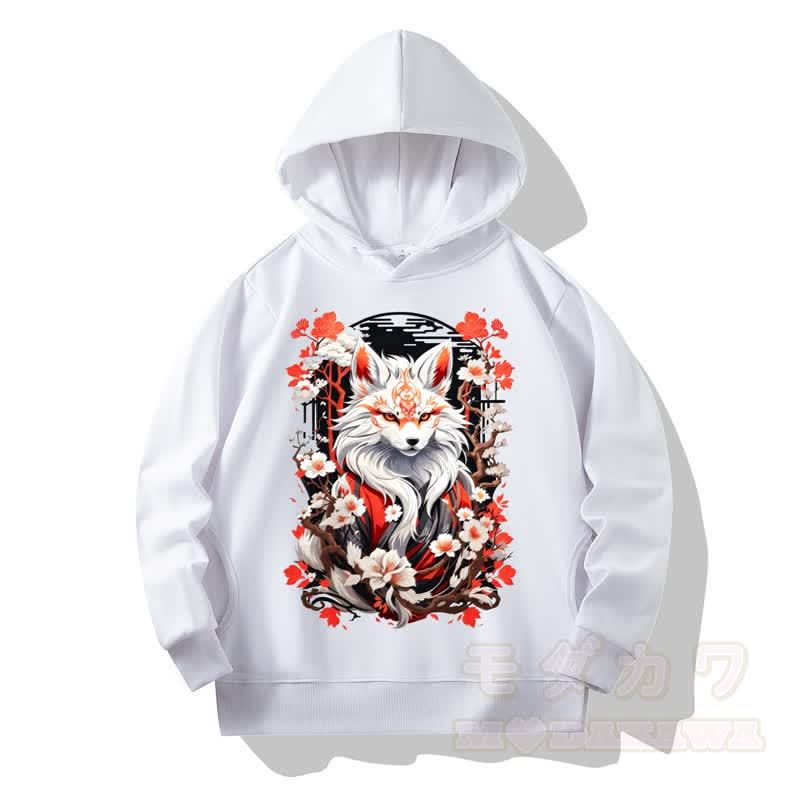 MODAKAWA Cherry Blossom Fox Print Long Sleeve Hooded Sweatshirt - White - 4XL - image 10