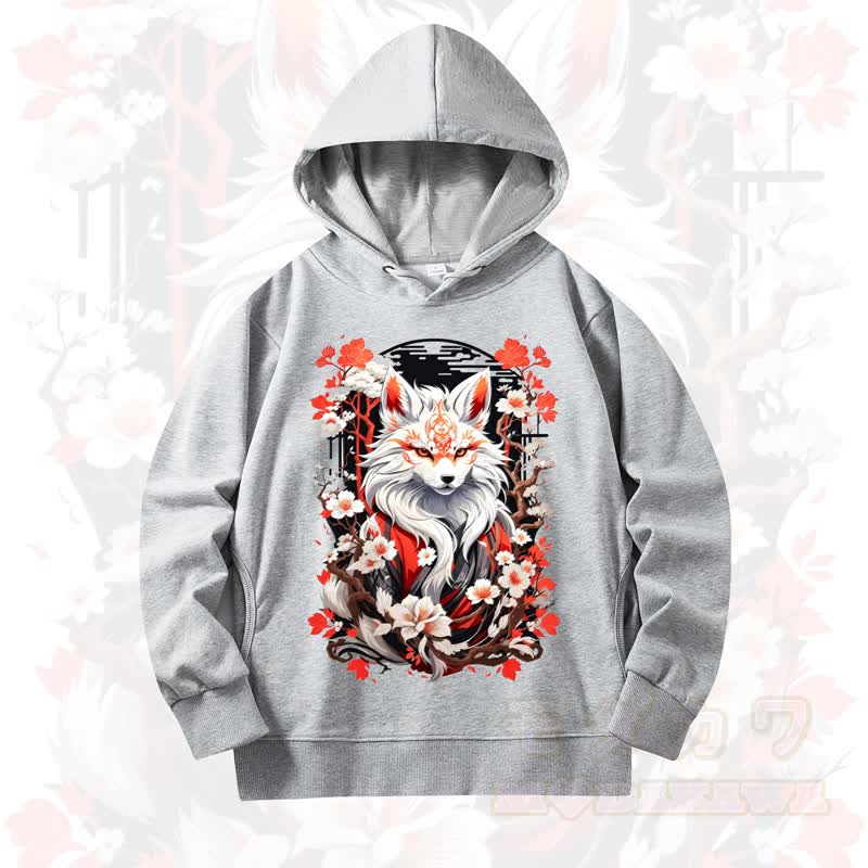 MODAKAWA Cherry Blossom Fox Print Long Sleeve Hooded Sweatshirt - Grey - 4XL - image 5