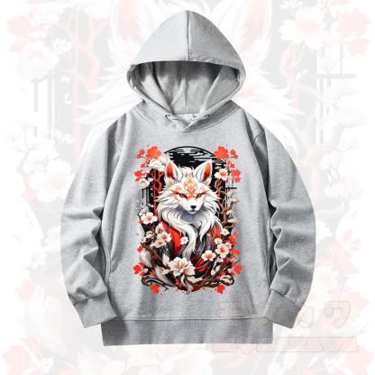 MODAKAWA Cherry Blossom Fox Print Long Sleeve Hooded Sweatshirt - Grey - 4XL - image 5