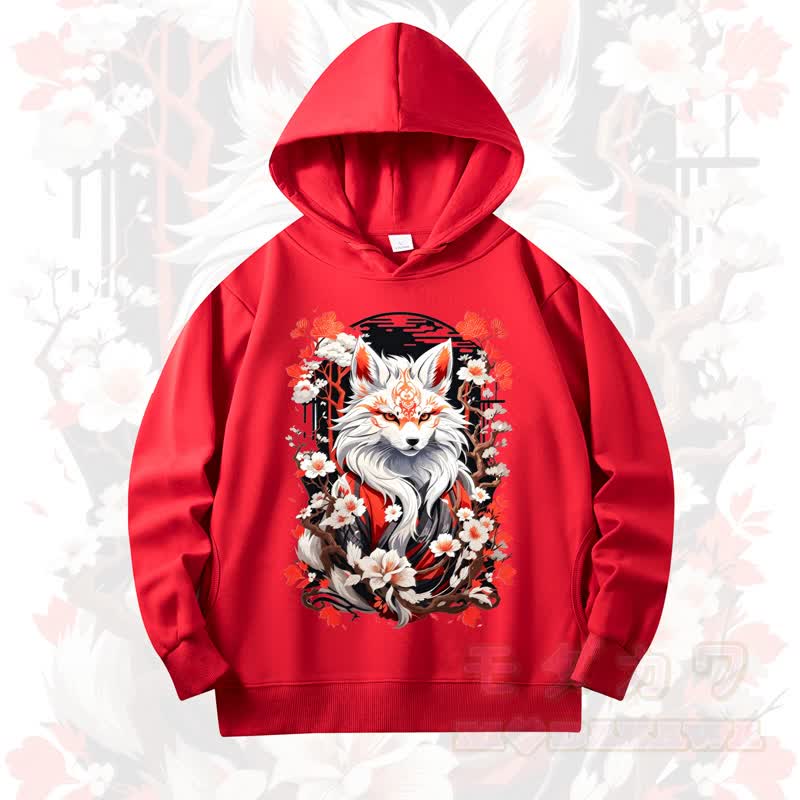 MODAKAWA Cherry Blossom Fox Print Long Sleeve Hooded Sweatshirt - Red - 4XL - image 4