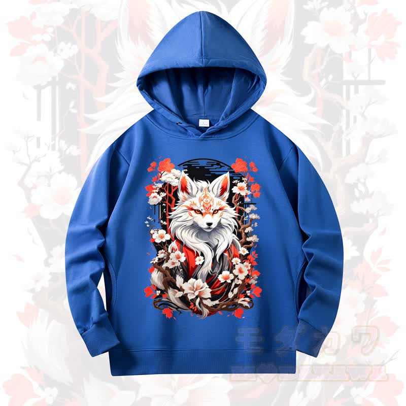 MODAKAWA Cherry Blossom Fox Print Long Sleeve Hooded Sweatshirt - Royal Blue - 4XL - image 9