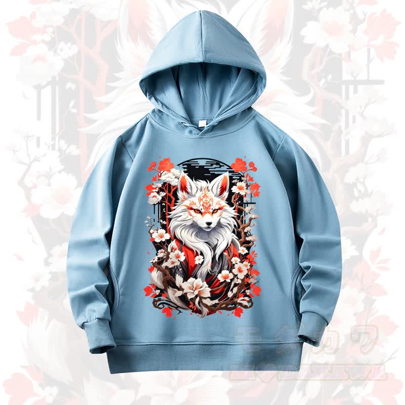 MODAKAWA Cherry Blossom Fox Print Long Sleeve Hooded Sweatshirt - Light Blue - 4XL - image 8