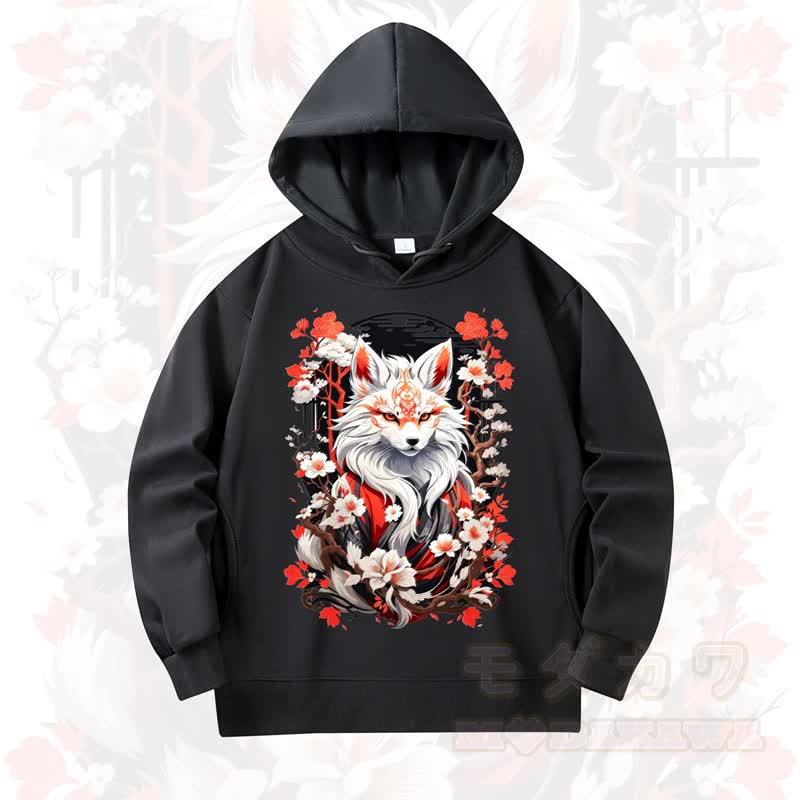 MODAKAWA Cherry Blossom Fox Print Long Sleeve Hooded Sweatshirt - Black - 4XL - image 2