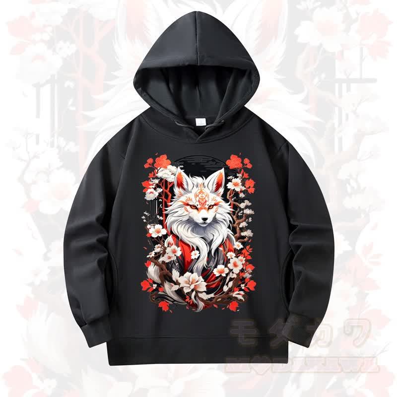 MODAKAWA Cherry Blossom Fox Print Long Sleeve Hooded Sweatshirt - Black - 4XL - image 2