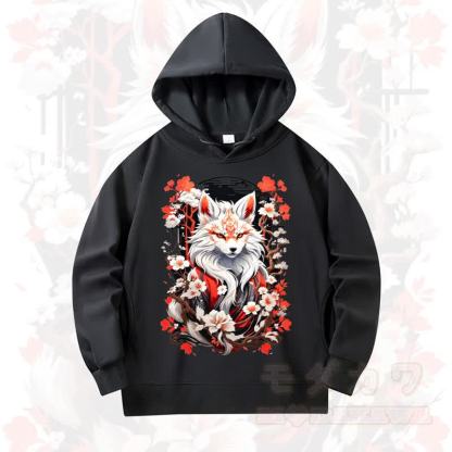 MODAKAWA Cherry Blossom Fox Print Long Sleeve Hooded Sweatshirt - Black - 4XL - image 2