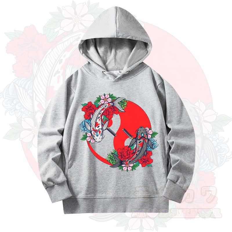 MODAKAWA Koi Fish Floral Print Long Sleeve Hooded Sweatshirt - Grey - 4XL - image 4
