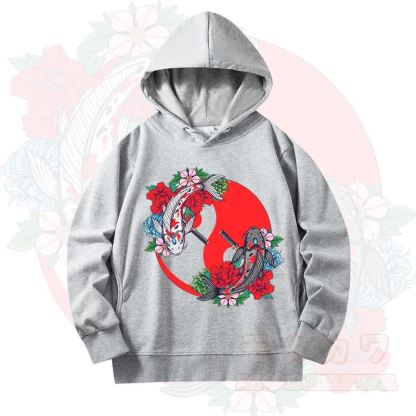 MODAKAWA Koi Fish Floral Print Long Sleeve Hooded Sweatshirt - Grey - 4XL - image 4