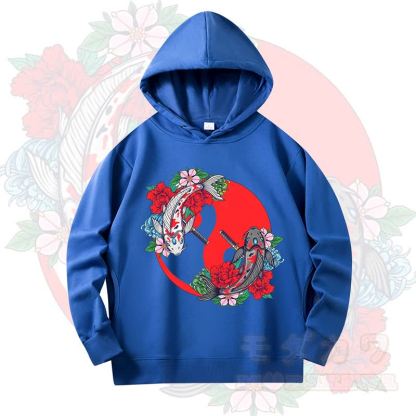 MODAKAWA Koi Fish Floral Print Long Sleeve Hooded Sweatshirt - Royal Blue - 4XL - image 8