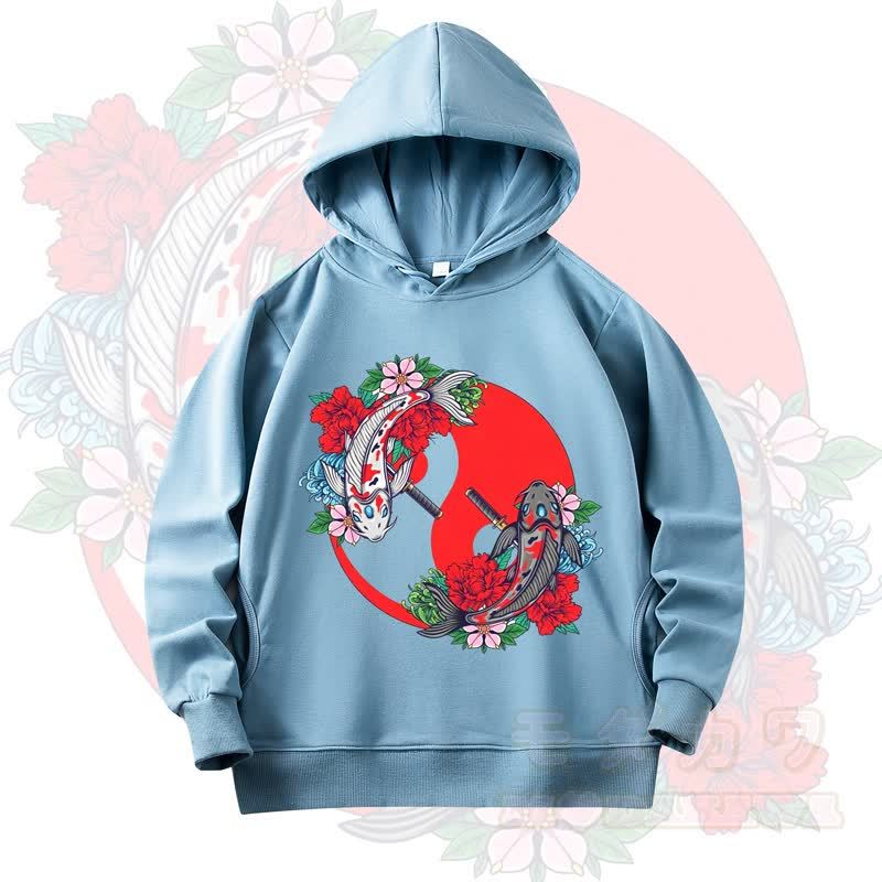 MODAKAWA Koi Fish Floral Print Long Sleeve Hooded Sweatshirt - Light Blue - 4XL - image 7