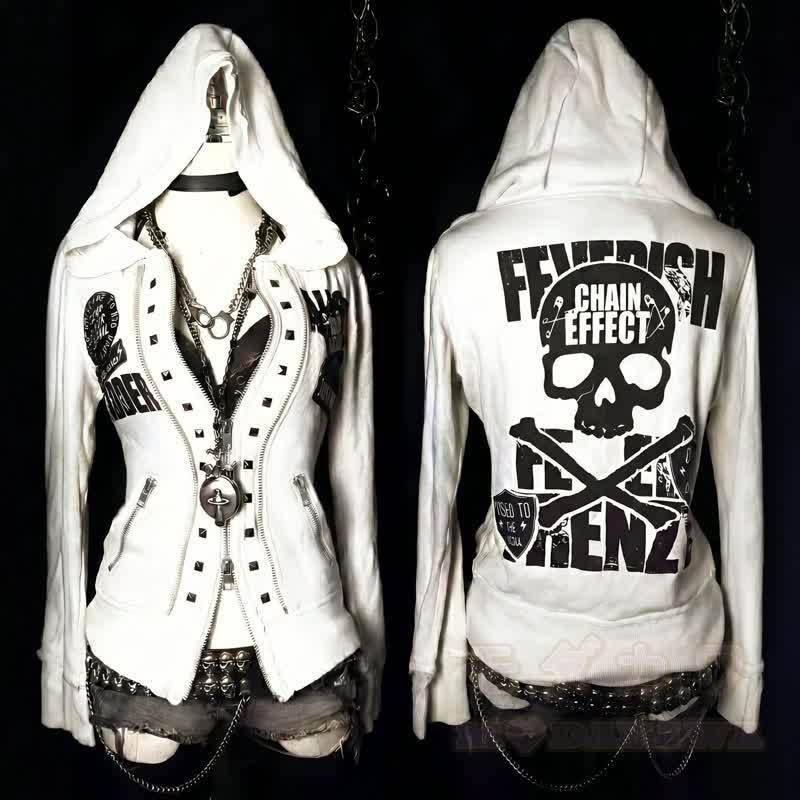 Y2K Gothic Skull Graphic Zip‑Up Hooded Slim Fit Jacket - White - L - image 6