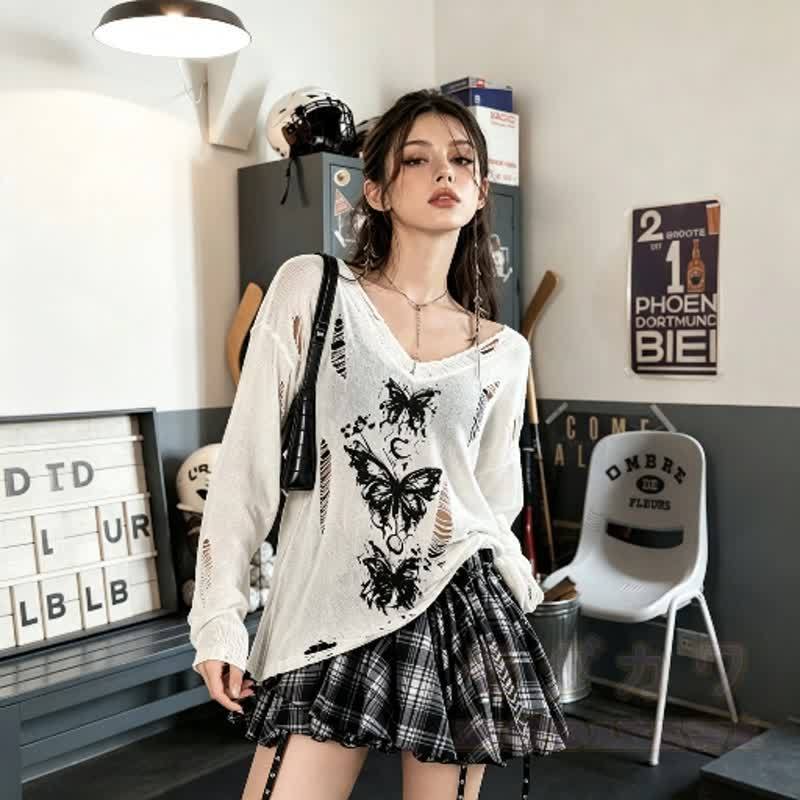 Butterfly Print Distressed Cut Out Off Shoulder Long Sleeve Knit Top - image 4