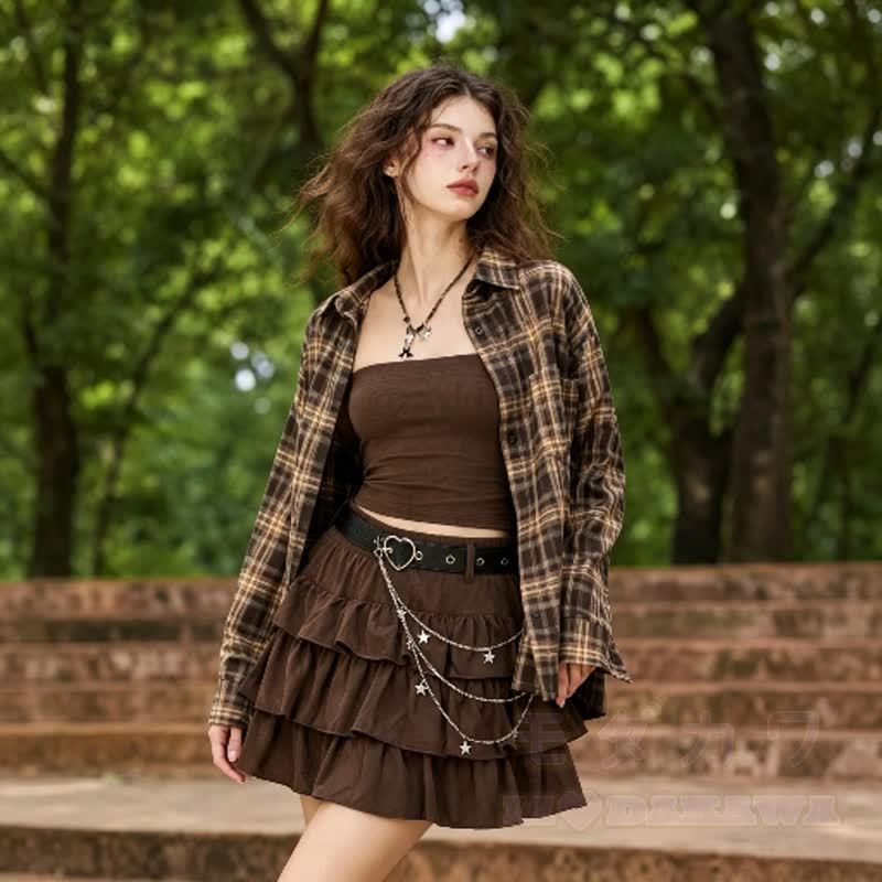 Vintage Plaid Long Sleeve Shirt Sweet Ruffle Tiered Skirt Two Pieces Set - image 2