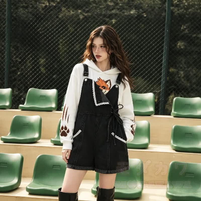 Cute Fox Paw Print Hoodie Denim Overalls Shorts Two Pieces Set - image 3