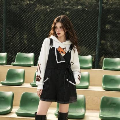 Cute Fox Paw Print Hoodie Denim Overalls Shorts Two Pieces Set - image 3