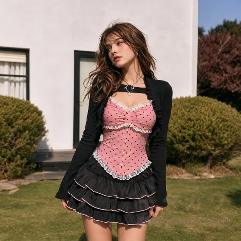 Y2K Sweet Polka Dot Cami Top Cropped Cardigan Ruffle Skirt Three Pieces Set - image 2