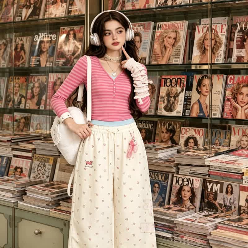  High Quality Durable Press Stripe Long Sleeve Top Floral Embroidery Pants Two Pieces Set - image 2