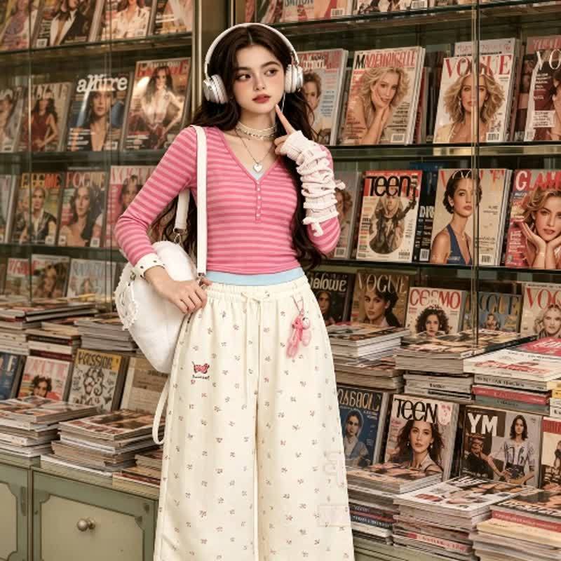  High Quality Durable Press Stripe Long Sleeve Top Floral Embroidery Pants Two Pieces Set - image 2