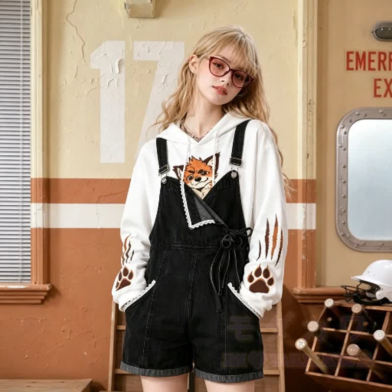 Cute Fox Paw Print Hoodie Denim Overalls Shorts Two Pieces Set - image 2
