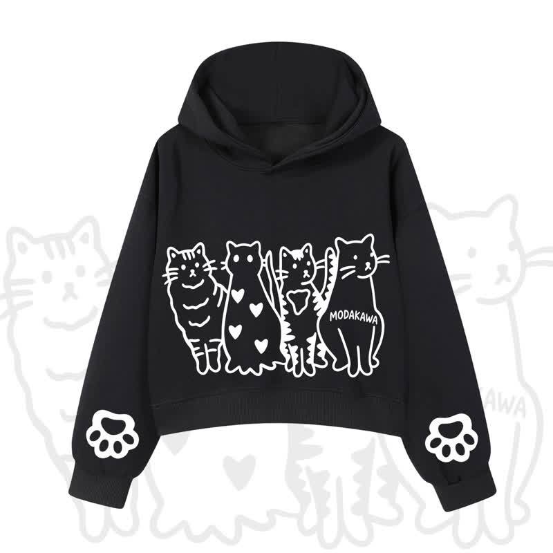 MODAKAWA Cute Cats Paw Sleeves Cropped Cotton Hoodie - Black - 3XL - image 3