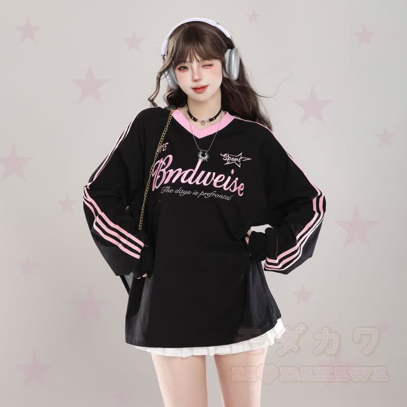 Vintage Color Block Striped V Neck Letter Print Long Sleeve T-shirt - Black - 3XL - image 1