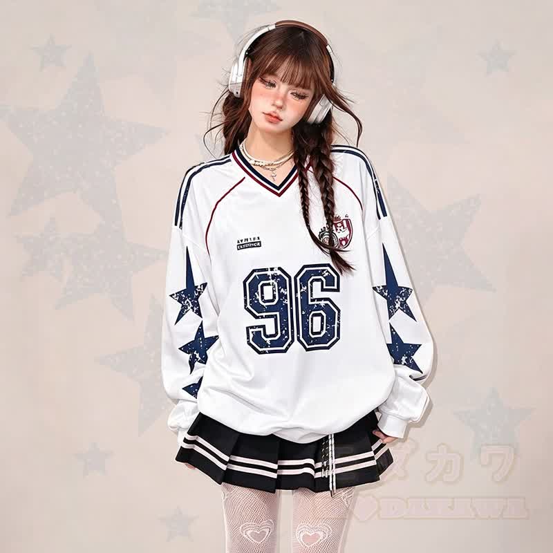 Vintage Star Print Color Block V Neck Long Sleeve Sweatshirt - image 1