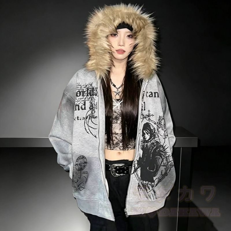 Vintage Street Style Faux Fur Trim Hooded Zip Up Sweatshirt  - image 1