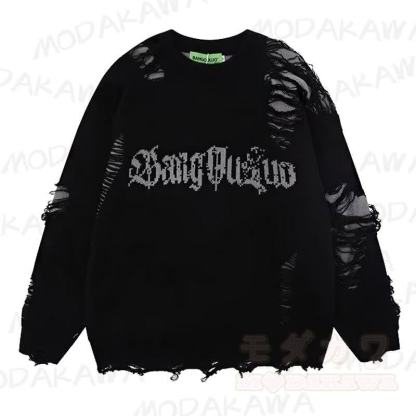 Vintage Distressed Fake Two Piece Long Sleeve Knit Sweatshirt - Black - 3XL - image 1