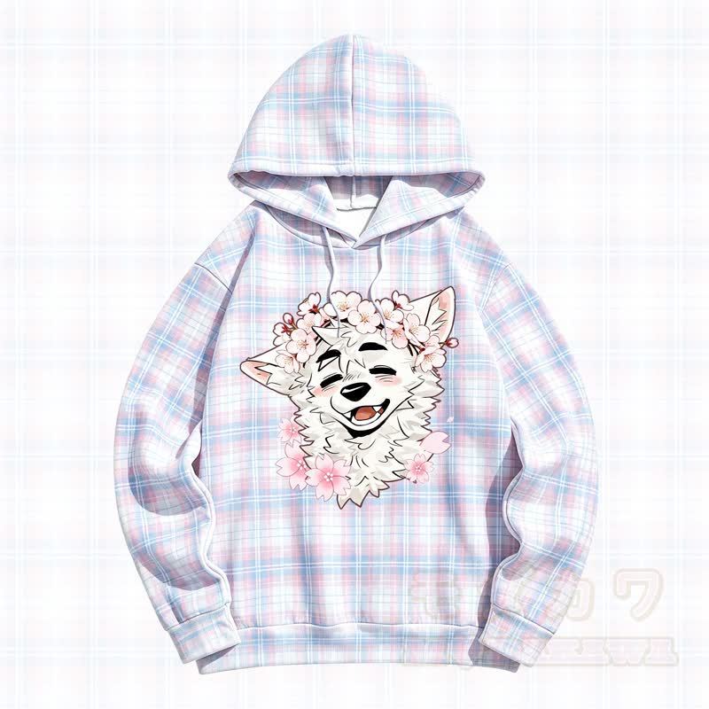  MODAKAWA X atka Plaid Cherry Blossom Wolf Print Hooded Sweatshirt - Purple - 5XL - image 1
