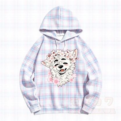  MODAKAWA X atka Plaid Cherry Blossom Wolf Print Hooded Sweatshirt - Purple - 5XL - image 1