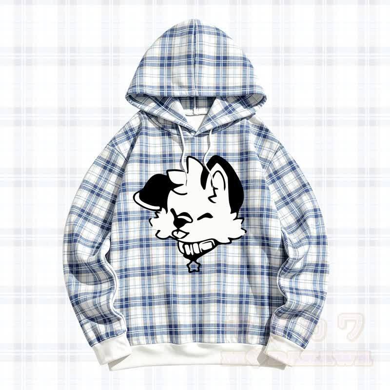 MODAKAWA X Popipeko Plaid Puppy Print Hooded Sweatshirt - Blue - 5XL - image 1