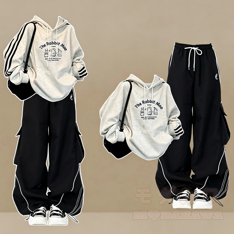 Striped Rabbit Print Hoodie Cargo Wide Leg Pants Two Pieces Set - Set - 3XL - image 1