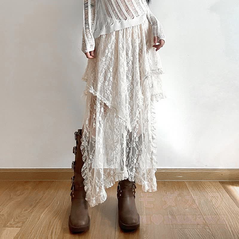 Goth Asymmetric Ruffle Dress Lace Skirt  Two Pieces Set - image 2
