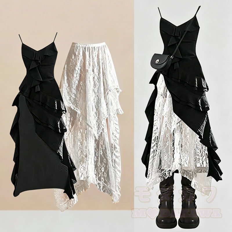 Goth Asymmetric Ruffle Dress Lace Skirt  Two Pieces Set - Set - 4XL - image 1