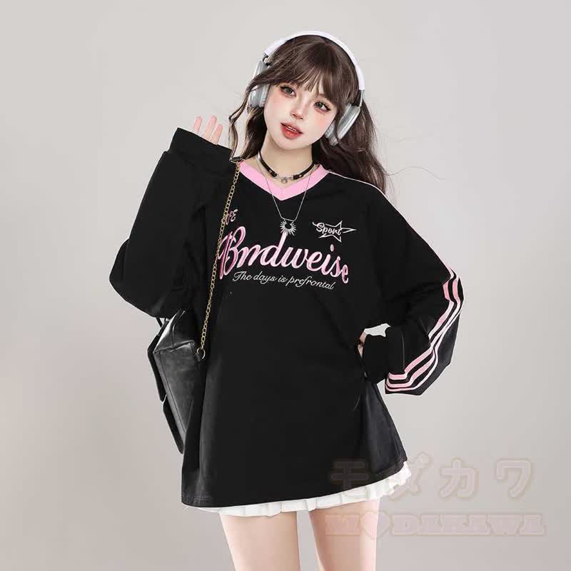 Vintage Color Block Striped V Neck Letter Print Long Sleeve T-shirt - image 2