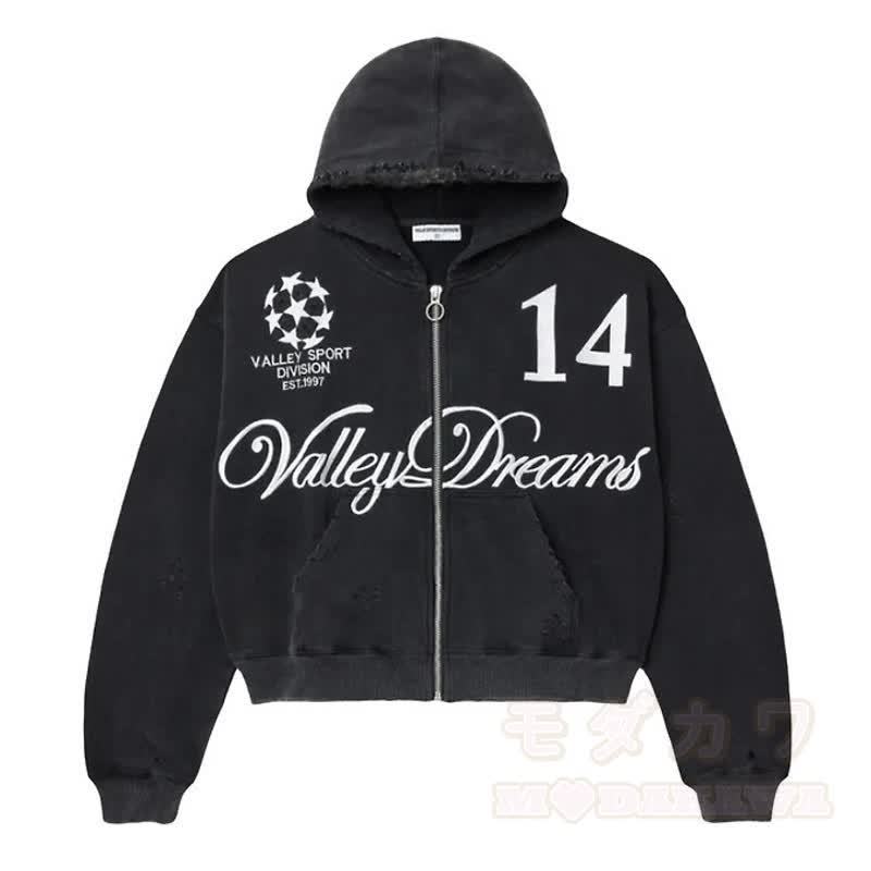 Y2K Vintage Letter Print Zip Up Hooded Jacket - Black B - 4XL - image 11
