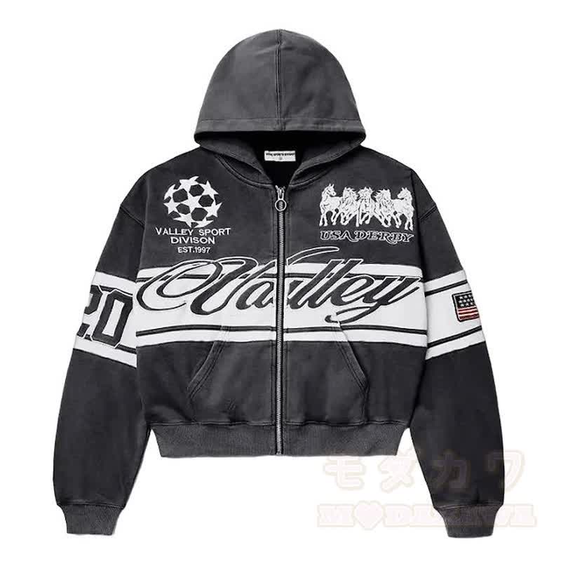 Y2K Vintage Letter Print Zip Up Hooded Jacket - Dark Grey - 4XL - image 12