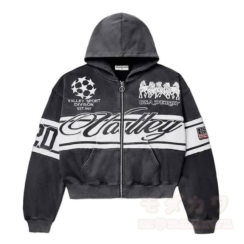 Y2K Vintage Letter Print Zip Up Hooded Jacket - Dark Grey - 4XL - image 12