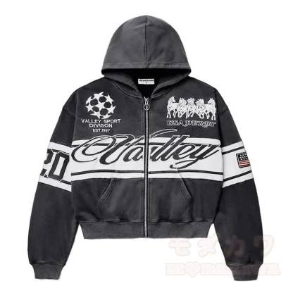 Y2K Vintage Letter Print Zip Up Hooded Jacket - Dark Grey - 4XL - image 12