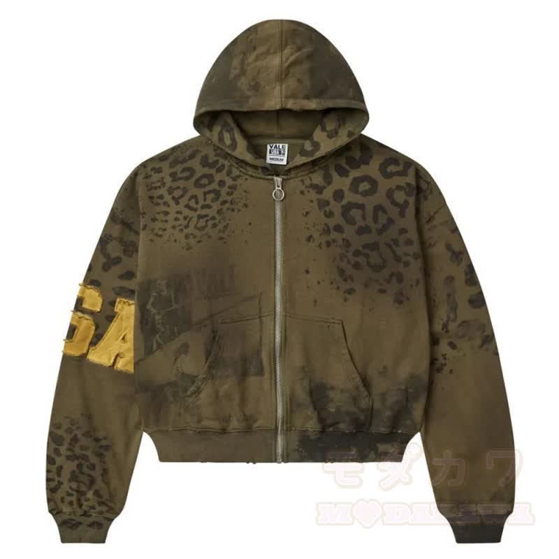 Y2K Vintage Letter Print Zip Up Hooded Jacket - Army Green - 4XL - image 15