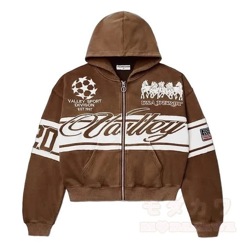 Y2K Vintage Letter Print Zip Up Hooded Jacket - Coffee - 4XL - image 13