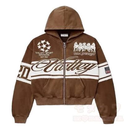 Y2K Vintage Letter Print Zip Up Hooded Jacket - Coffee - 4XL - image 13