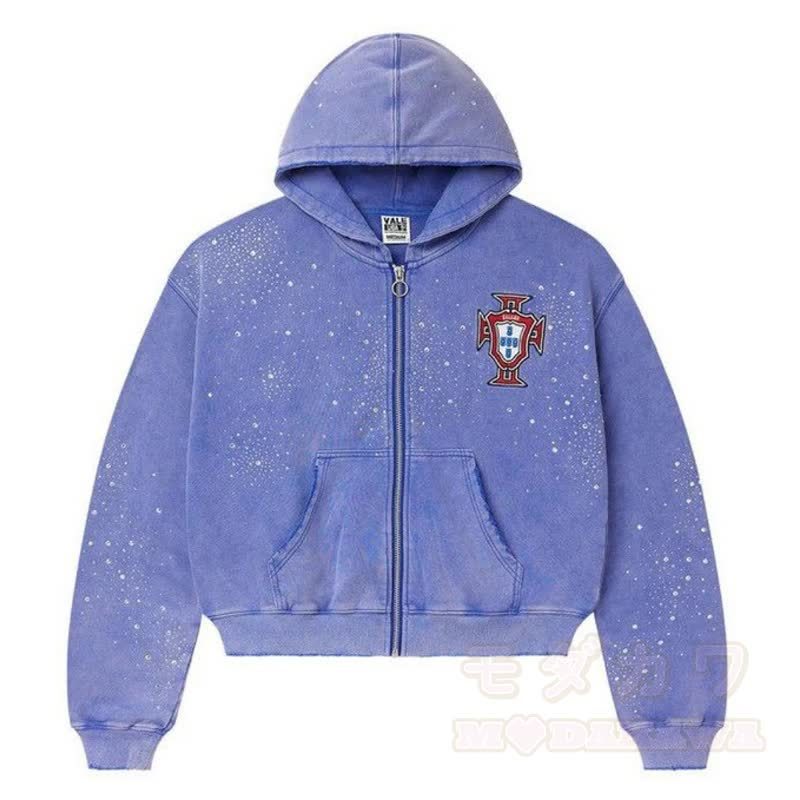 Y2K Vintage Letter Print Zip Up Hooded Jacket - Light Blue - 4XL - image 14
