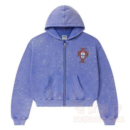 Y2K Vintage Letter Print Zip Up Hooded Jacket - Light Blue - 4XL - image 14