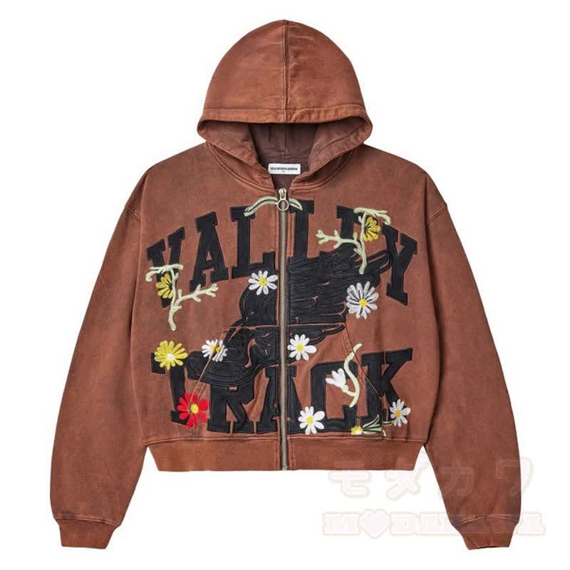 Y2K Vintage Letter Print Zip Up Hooded Jacket - Brown - 4XL - image 4