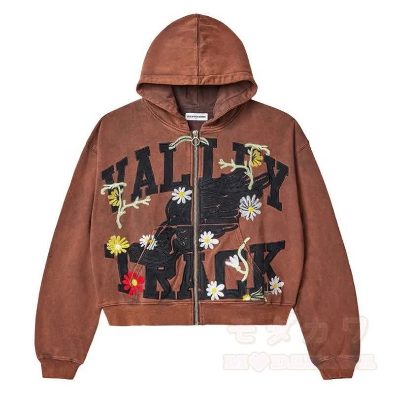 Y2K Vintage Letter Print Zip Up Hooded Jacket - Brown - 4XL - image 4