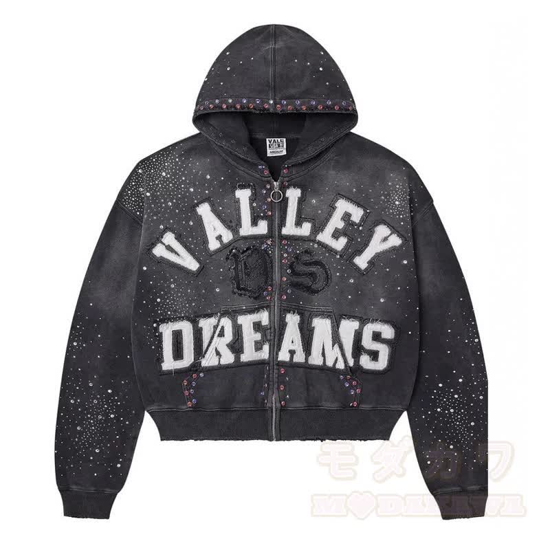 Y2K Vintage Letter Print Zip Up Hooded Jacket - Black A - 4XL - image 5